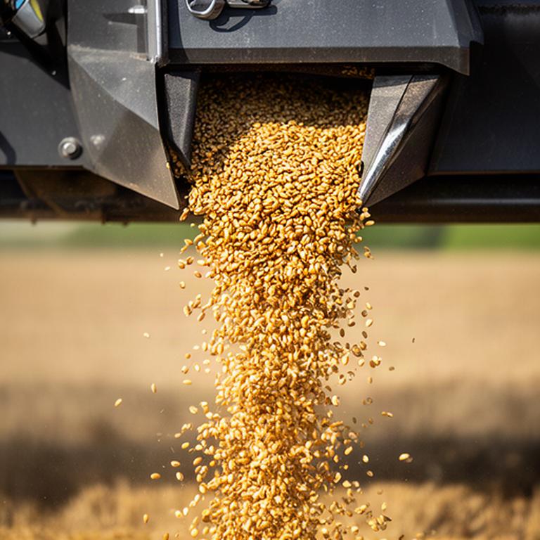 Grano limpio saliendo de una cosechadora durante la recolección de cereal