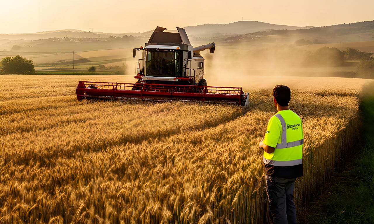 Cosechadora trabajando en un campo de trigo mientras un técnico observa desde el borde de la parcela