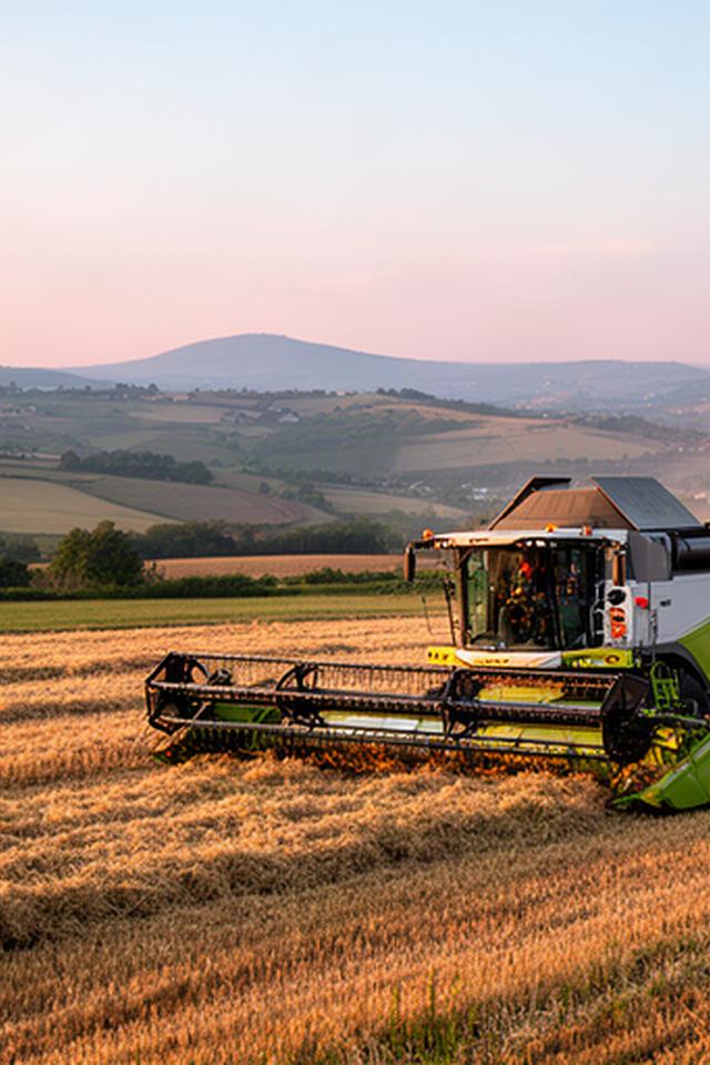 Cosechadora trabajando en un campo de Galicia al final de la jornada