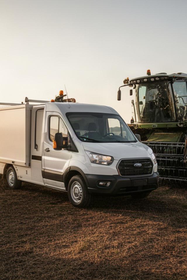 Vehículo de servicio técnico junto a una máquina agrícola en una finca
