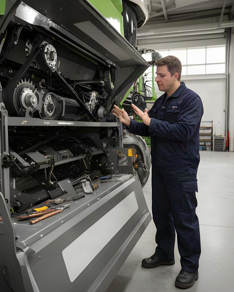 Especialista inspeccionando los componentes laterales de una cosechadora en una nave agrícola