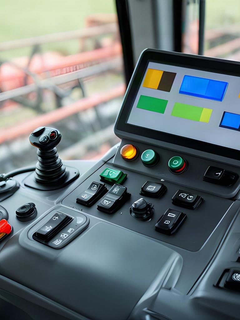 Panel de control digital de una cosechadora mostrando indicadores de funcionamiento