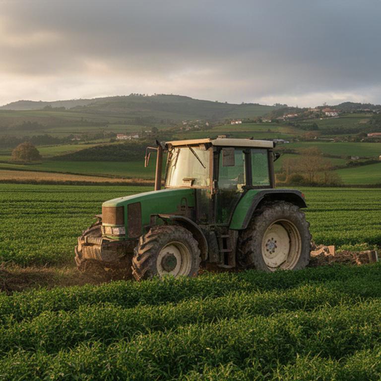 Tractor agrícola estacionado frente a una finca verde de Galicia después de la jornada