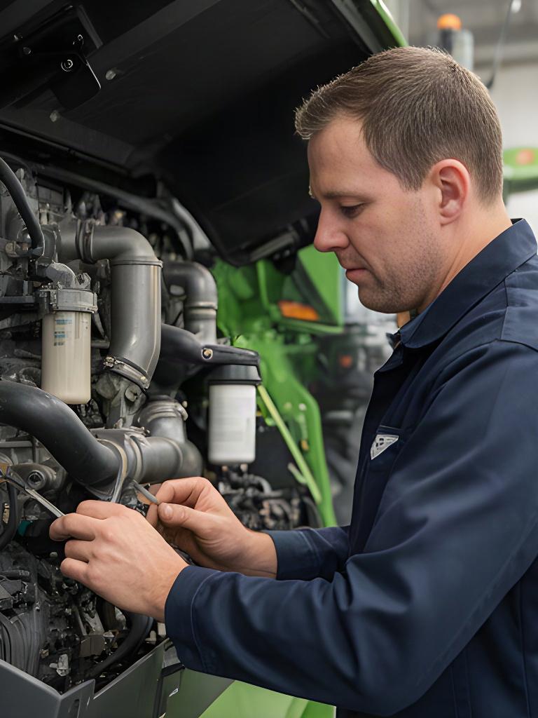 Mecánico comprobando el motor de una cosechadora durante una revisión programada