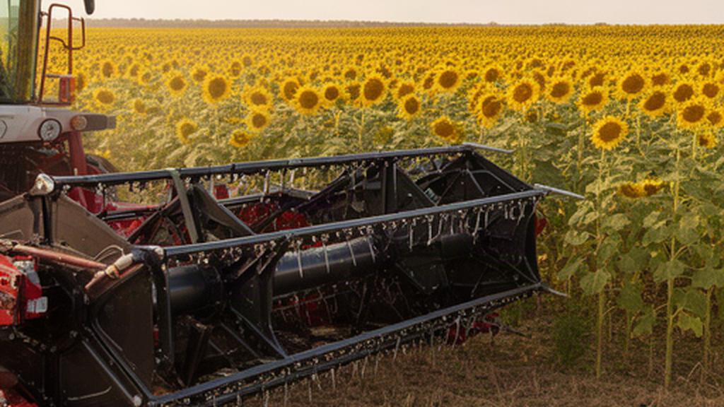 Cabezal agrícola preparado para girasol junto a una línea de cultivo seco