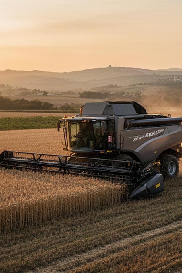 Cosechadora XR-500 trabajando en un campo de cereal gallego al atardecer