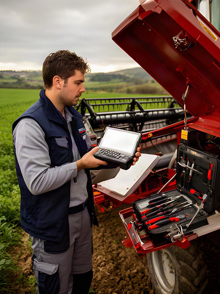 Técnico revisando una cosechadora en un campo de Lalín con herramientas de diagnóstico