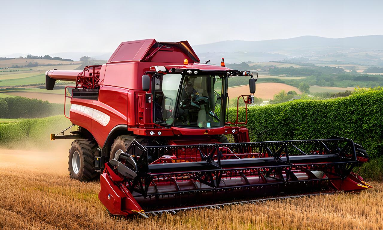 Cosechadora con cabezal de cereal preparada para trabajar en una finca de Galicia