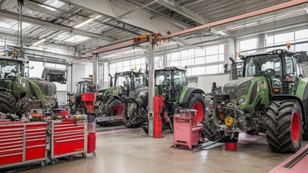 Maquinaria agrícola revisada dentro de un taller amplio de mantenimiento
