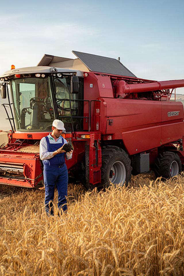 Técnico revisando una cosechadora roja junto a un campo de cereal en Galicia
