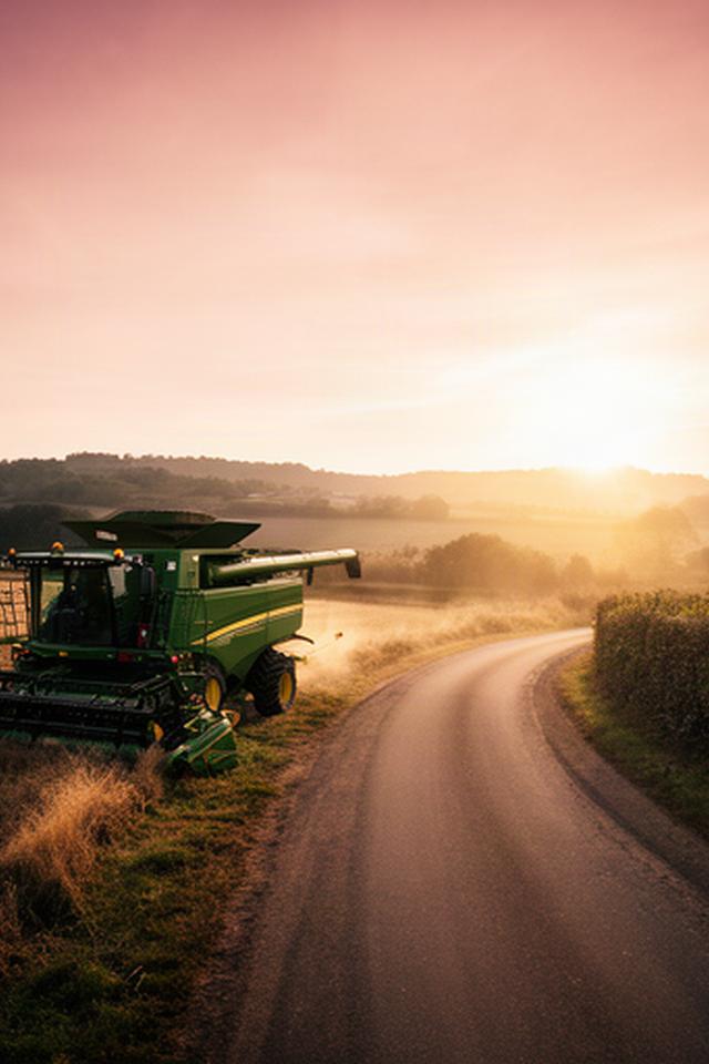 Cosechadora verde junto a un camino rural gallego al final de la jornada