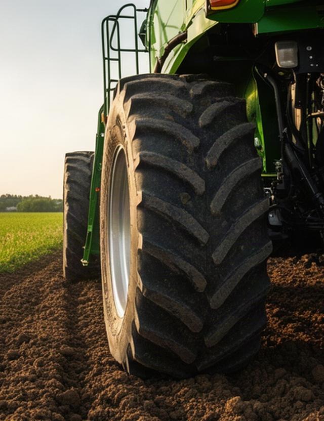 Ruedas grandes de una cosechadora sobre terreno agrícola recién trabajado