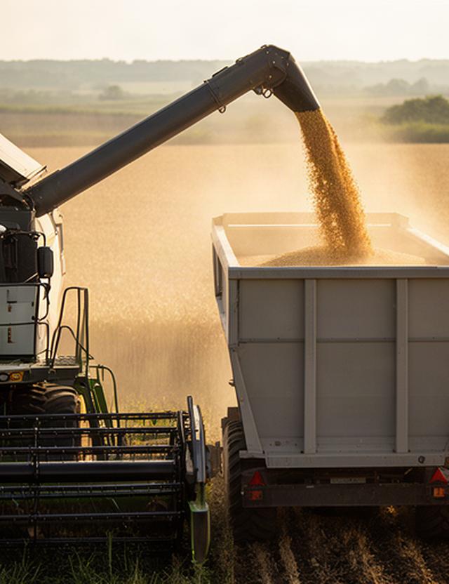 Descarga de cereal cosechado en un remolque junto a una cosechadora agrícola