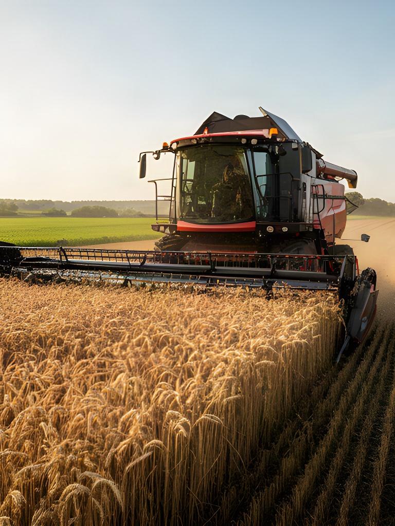 Cosechadora recogiendo trigo dorado junto a una parcela agrícola