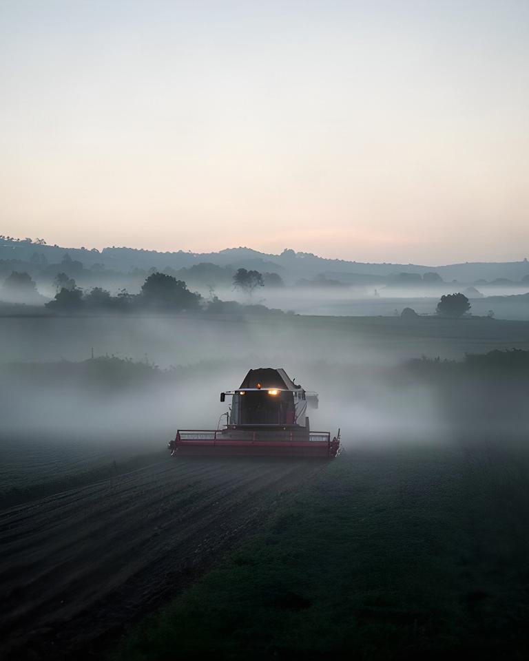 Cosechadora trabajando entre parcelas con niebla suave durante una mañana gallega