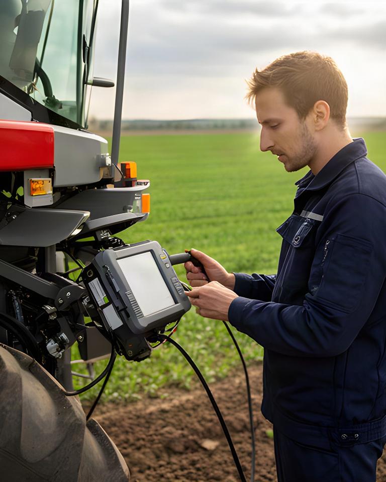 Técnico conectando un equipo de diagnóstico a una máquina agrícola en una finca