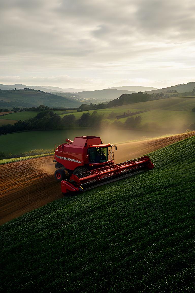 Cosechadora roja avanzando por una ladera agrícola cercana a Lalín