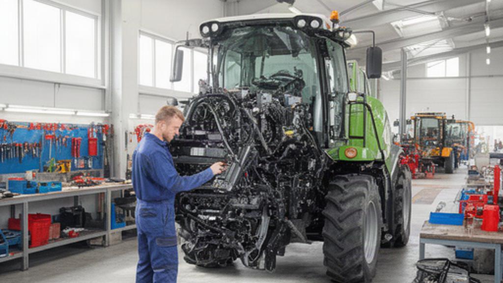 Técnico revisando una máquina agrícola en un taller limpio y bien iluminado