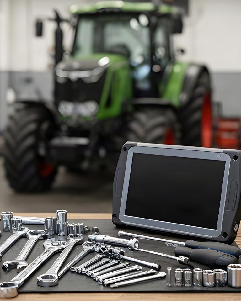 Herramientas de mantenimiento colocadas junto a una máquina agrícola en el taller