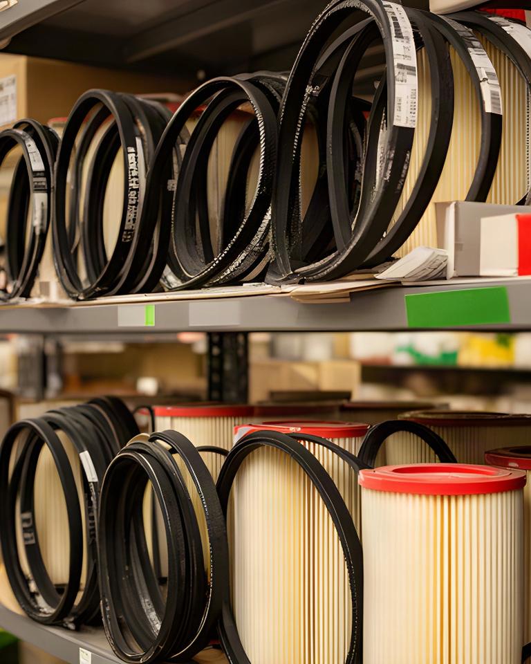 Primer plano de filtros y correas etiquetados en el almacén de recambios del servicio técnico