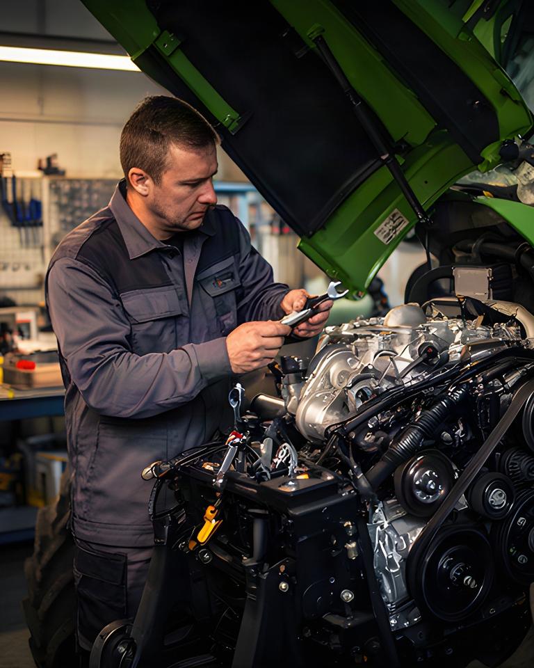 Técnico comprobando el motor de una máquina agrícola con herramientas de taller