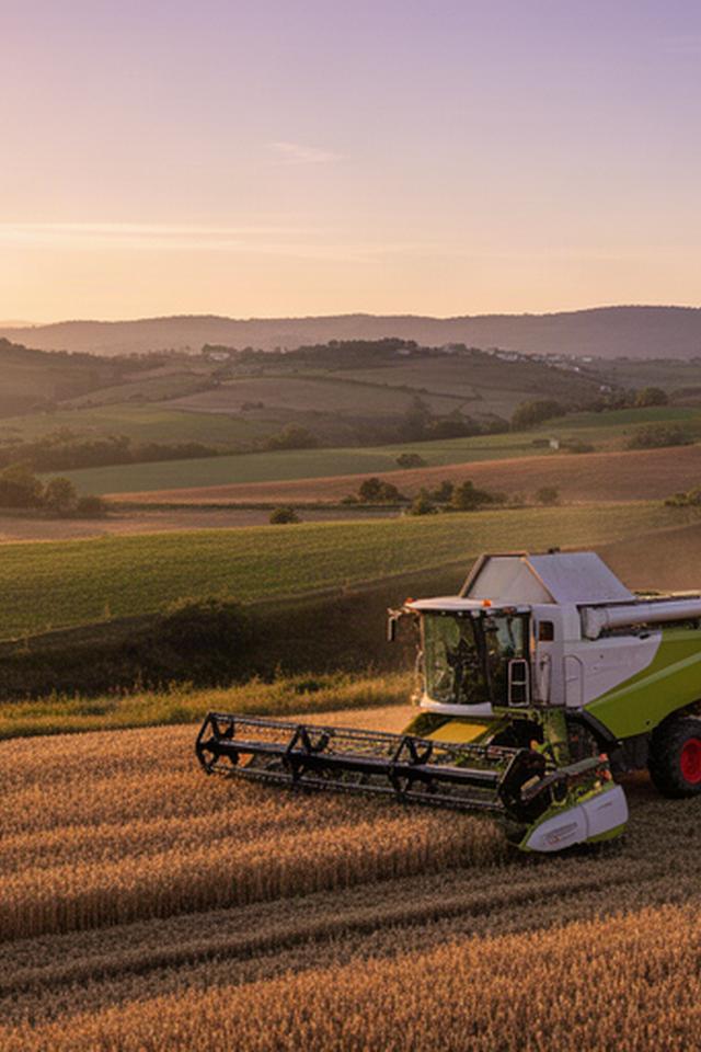 Cosechadora trabajando en un campo de Lalín al atardecer, junto a una parcela de Galicia