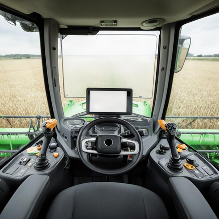 Puesto de conducción de una cosechadora con pantalla de control y volante ergonómico