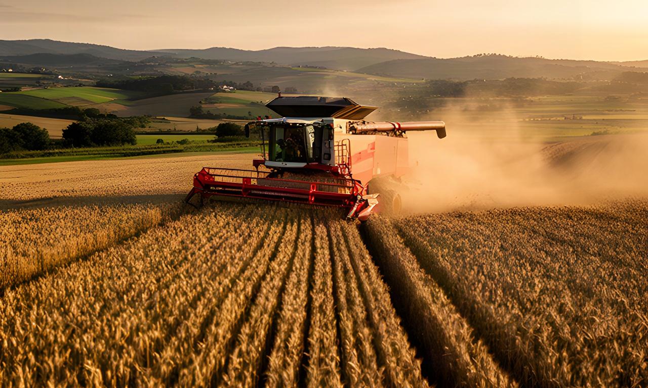 Cosechadora avanzando por una parcela madura en el entorno rural de Lalín