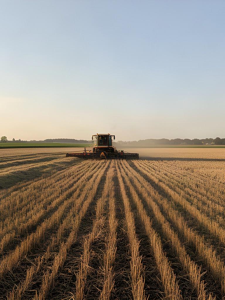 Campo recién cosechado con una máquina agrícola visible junto a los rastrojos