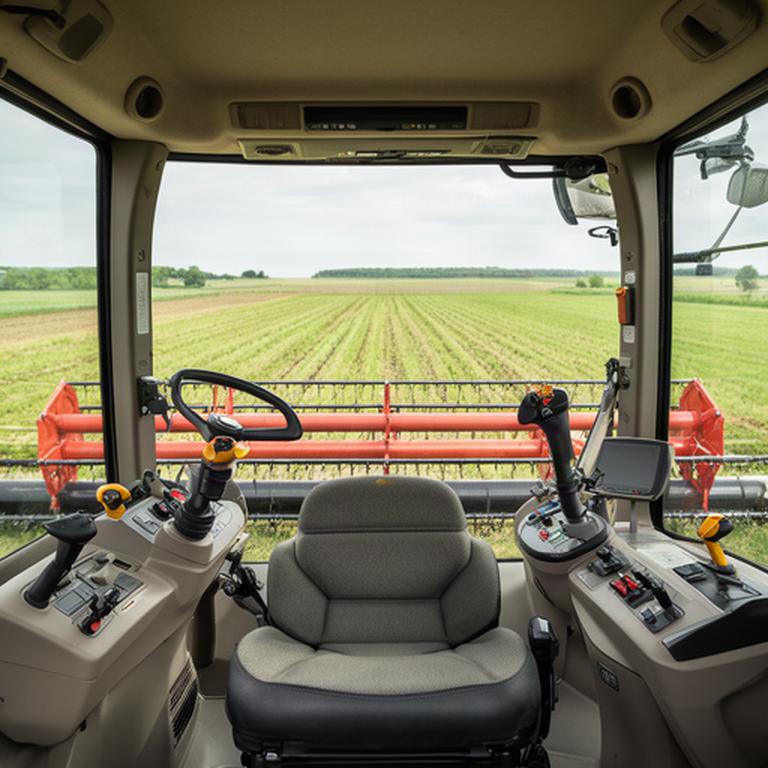 Cabina limpia de una cosechadora agrícola con controles y campo visible al fondo