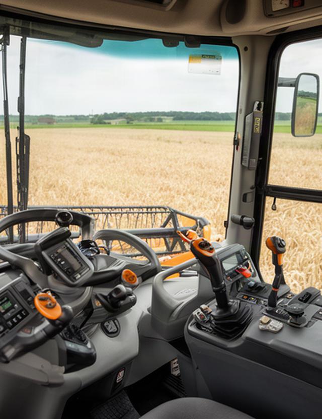 Cabina de cosechadora agrícola con controles visibles frente a una parcela de trigo