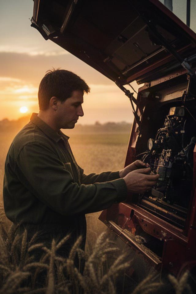Técnico inspeccionando el mecanismo de una cosechadora al atardecer en un campo de cereal