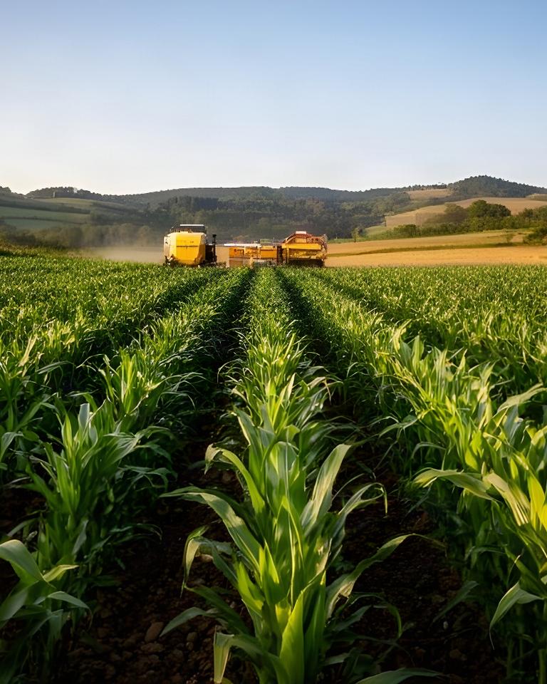 Campo de maíz gallego preparado para la cosecha, con maquinaria agrícola al fondo