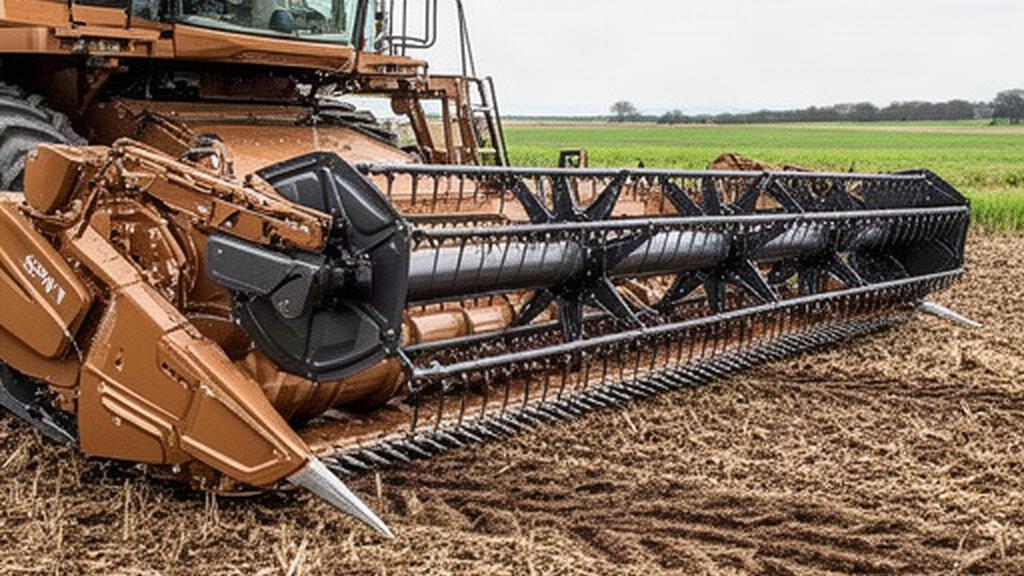 Cabezal de cereal de seis metros con barra flexible preparado sobre terreno agrícola
