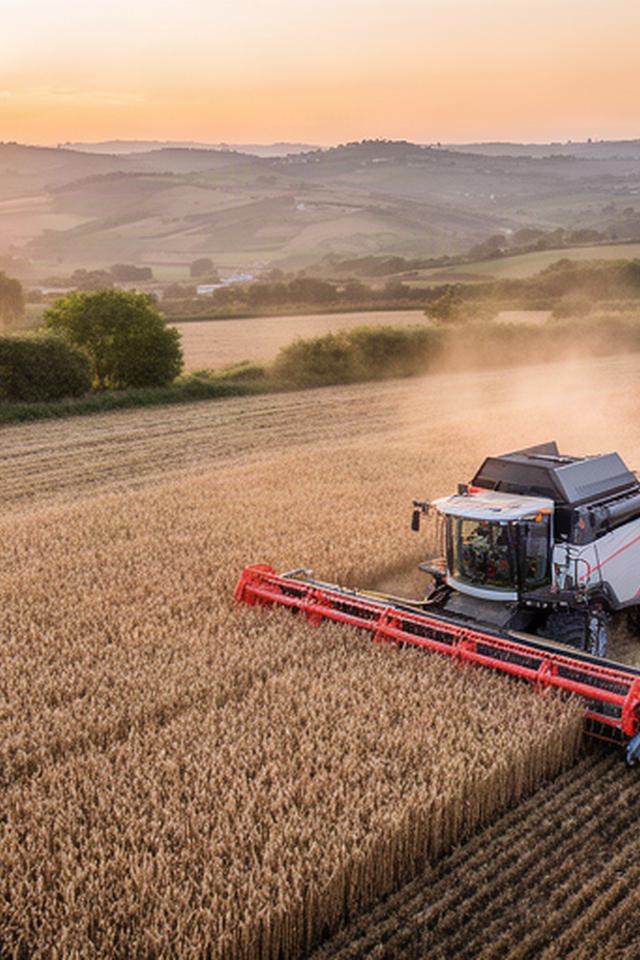 Cosechadora trabajando entre campos de trigo en Galicia al atardecer